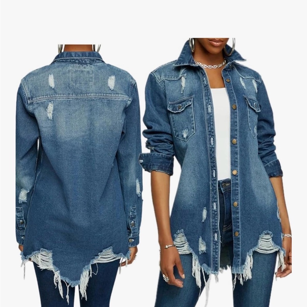 Distressed Denim Jacket with Gold Buttons